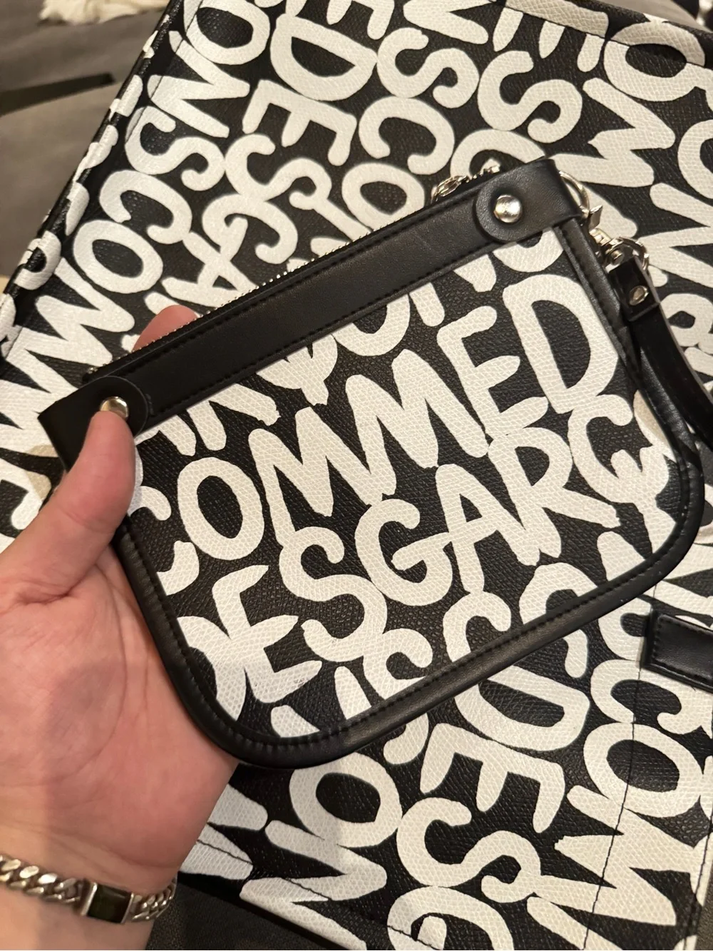 Comme des Garcons Black and White Allover Print Logo Tote